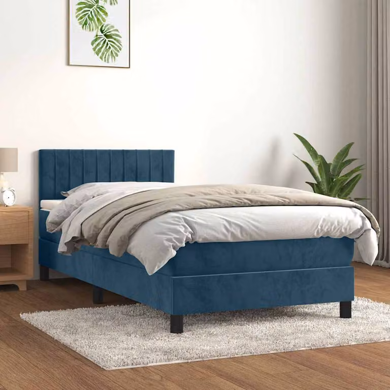 vidaXL Letto Ibrido con Giroletto a Molle e Materasso in Velluto Blu e Bianco, L/P: 100 x 200 cm