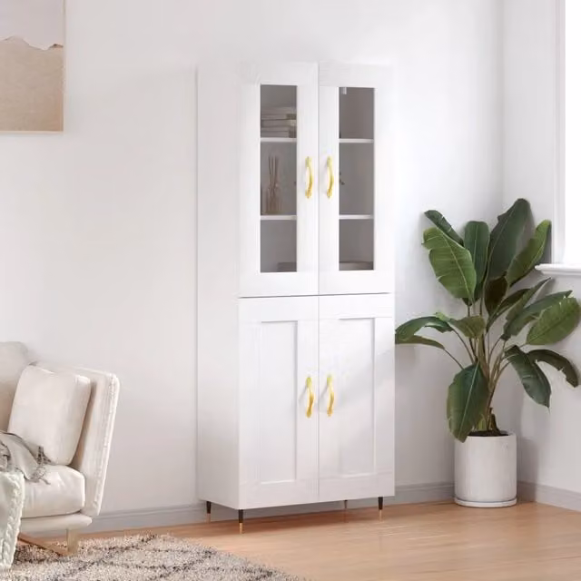 Credenza moderna bianca vidaXL in legno, vetro e metallo L: 69,5 cm, P: 34 cm, H: 180 cm