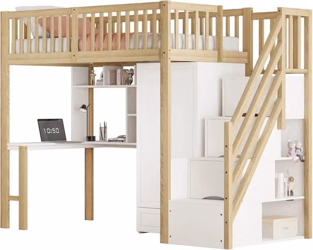 Letto a soppalco 90x200 cm con armadio; scrivania e cassetti; legno massello bianco/naturale