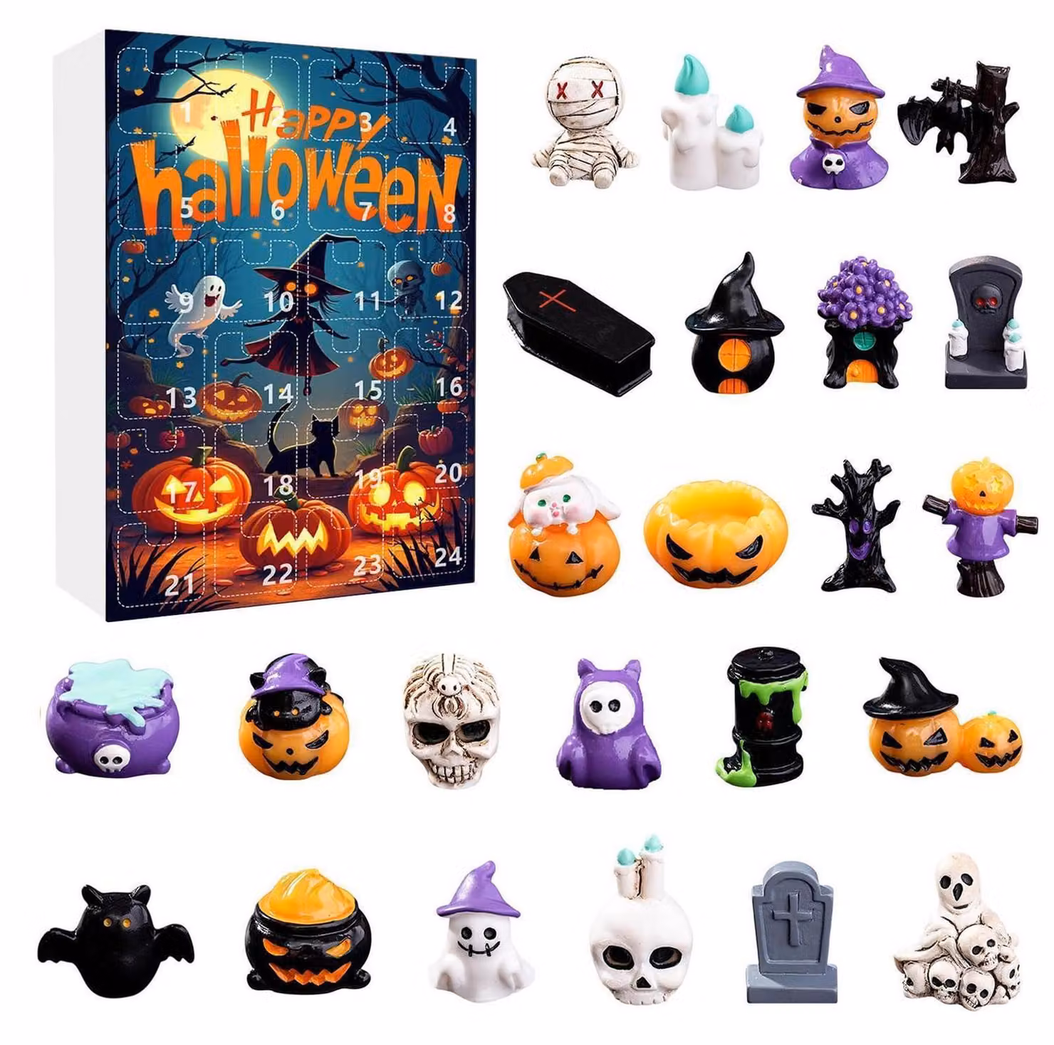 Calendario dell'Avvento a tema Halloween 2026: 24 giorni di attesa con 24 mini figure di zucche, fantasmi e teschi, ideale per bambini e adulti