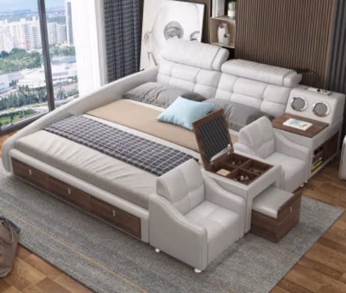 Multifunktions Bett Luxus Design Leder Betten Hotel Doppel Ablage Regal 180x200