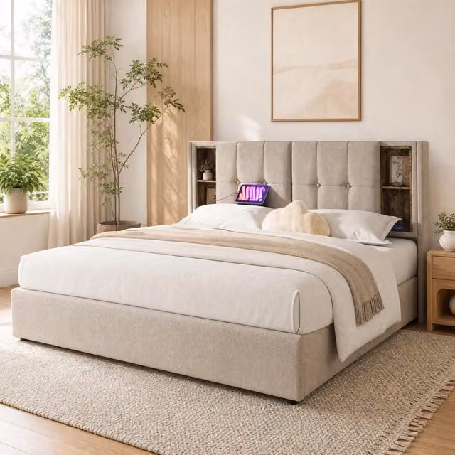 Letto matrimoniale 160x200 cm con stoccaggio, tessuto in lino naturale e ricarica wireless USB-C integrata