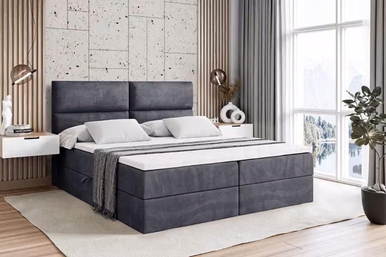 Letto boxspring ALTDECOR con materasso H4 e topper - 200 x 200 cm - BOXI3 - Velluto grigio scuro - Letto imbottito con contenitore e rete a doghe, letto con spazio contenitivo