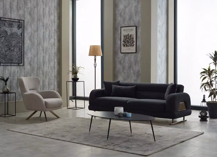 Sofagarnitur Polstersofa Dreisitzer Sessel Stoff Schwarz Sofa Set 2tlg