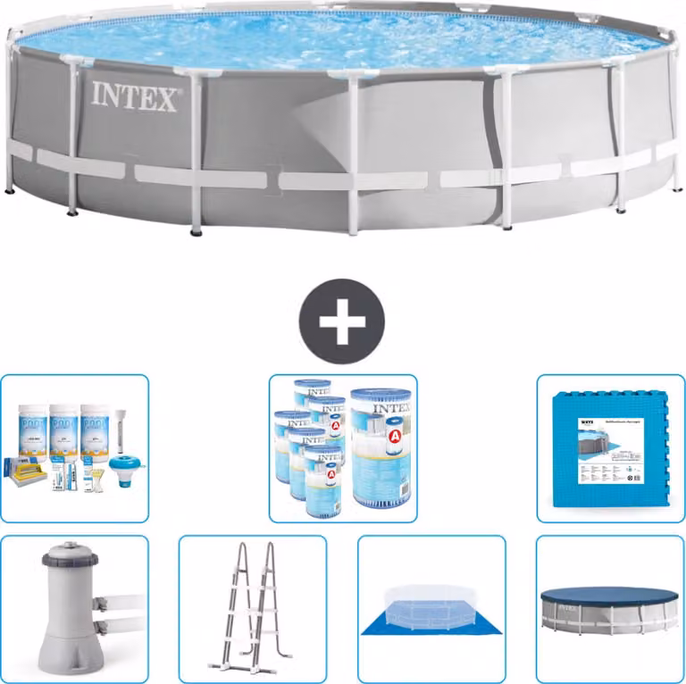 Piscina Intex Round Prism Frame - 427 x 107 cm - Grigio - inclusa pompa - scaletta - telo di fondo - pacchetto di manutenzione della copertura - filtro - piastrelle per il pavimento