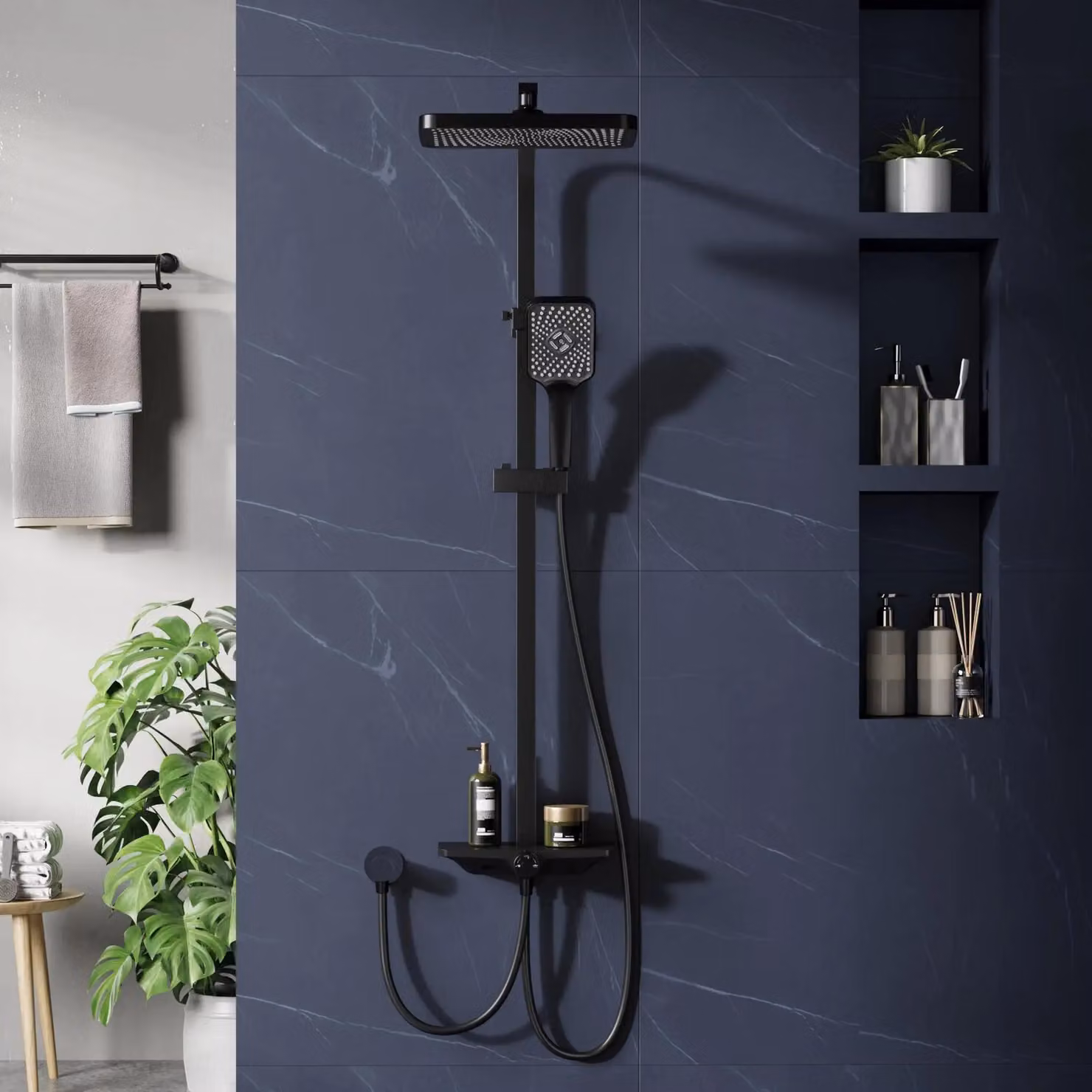 Set per doccia - Sistema doccia senza miscelatore - Barra doccia in acciaio inossidabile regolabile - Doccia a soffitto rettangolare 30,5x20,5 cm - Doccetta manuale con 3 getti - Ugello a cascata - Colore nero