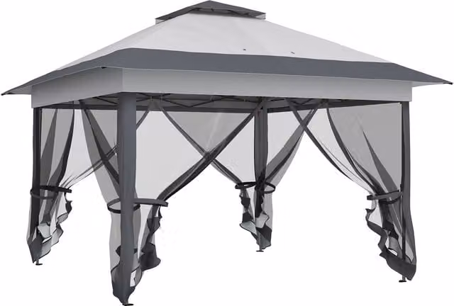 Gazebo da esterno Outsunny in acciaio e tessuto Oxford anti-UV con zanzariere, pieghevole e regolabile, Grigio, L/P: 360 x 360 cm – 1