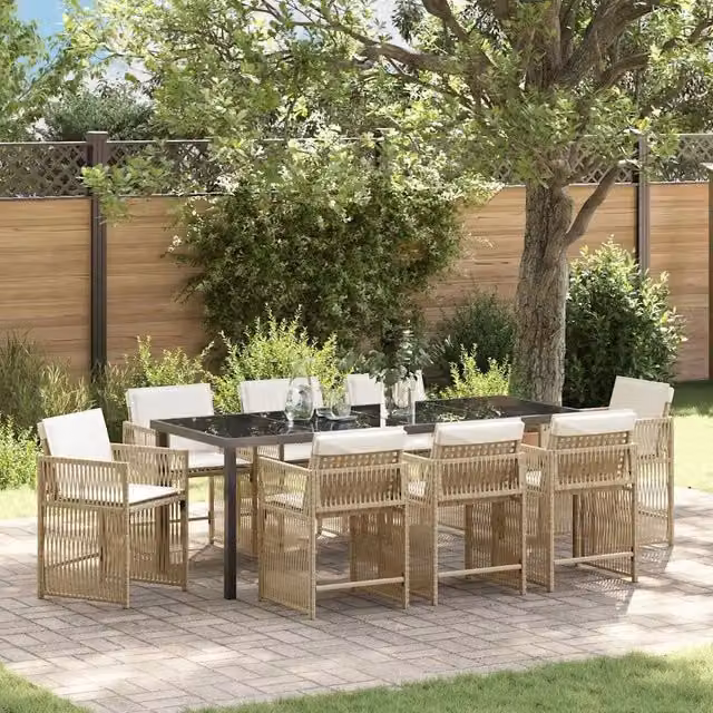 Set da pranzo per giardino e terrazzo vidaXL in polyrattan beige con piano in vetro, 9 pezzi