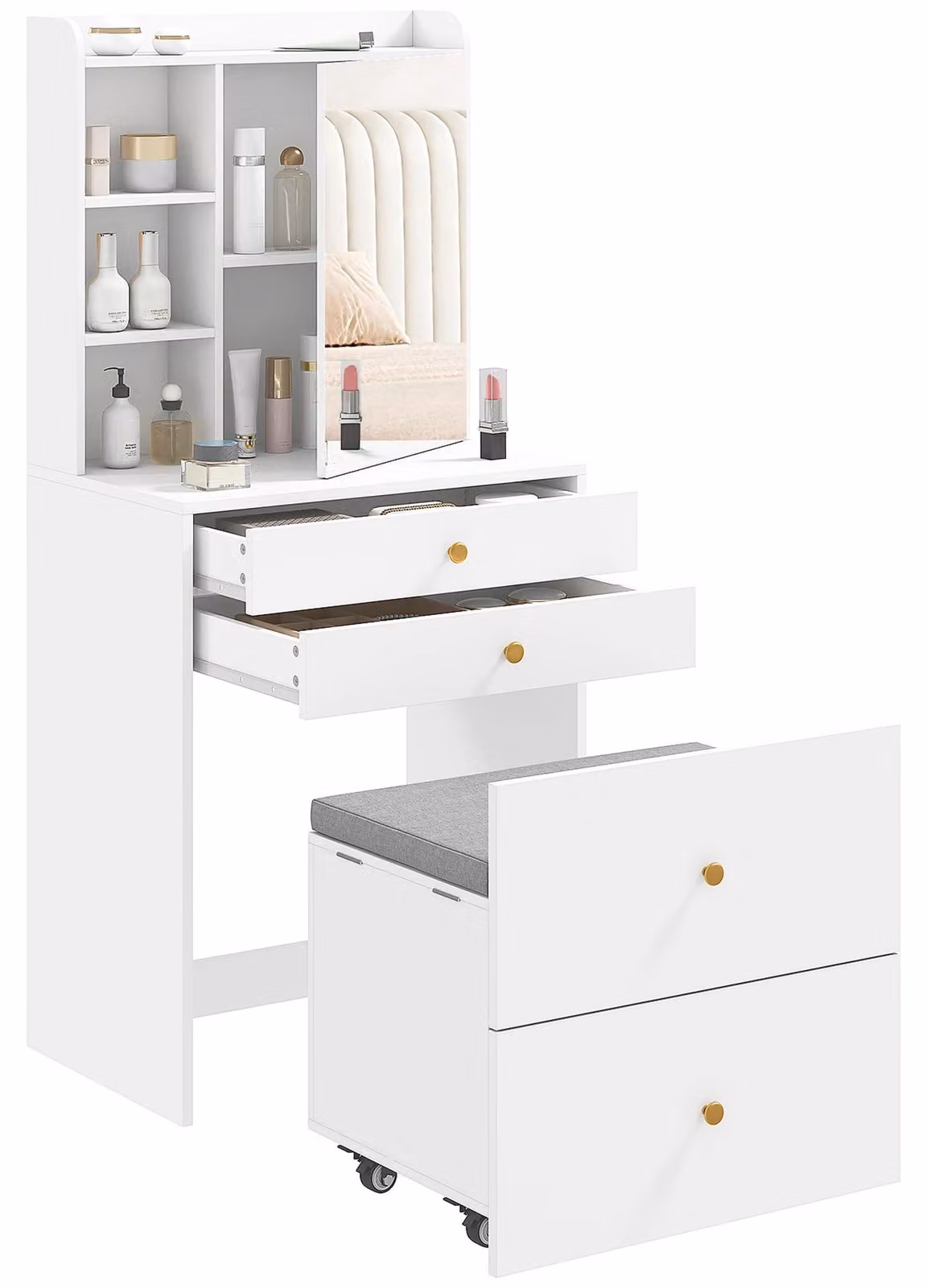 Comò da trucco con specchio e sgabello con rotelle - Comò per cosmetici - Mobile contenitore - Cassetti - Ripiani aperti - Seduta imbottita - Bianco