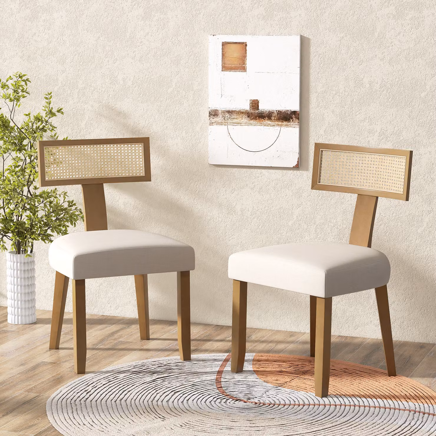 Sedia da pranzo moderna Costway con sedile imbottito in tessuto e schienale curvo in rattan e legno, ideale per soggiorno, balcone o studio, disponibile in beige, marrone o bianco