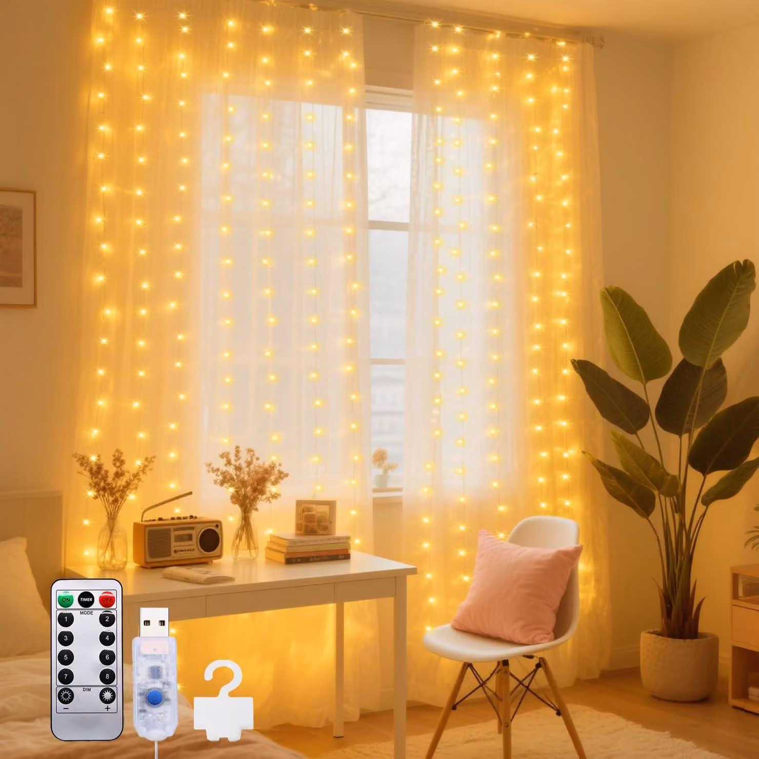Tenda luminosa a LED, dimensioni 3x3 metri, 200 LED bianco caldo, tagliabile, alimentazione USB, telecomando
