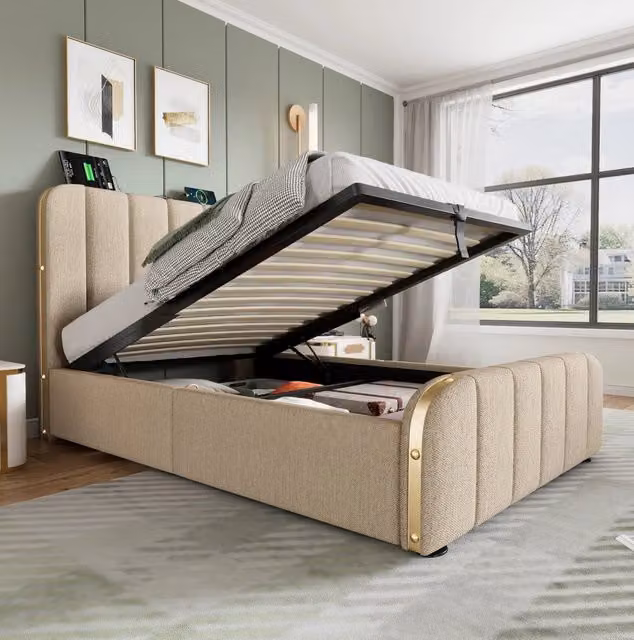 Letto singolo imbottito 90x200 cm beige con USB-C, vano idraulico e rete