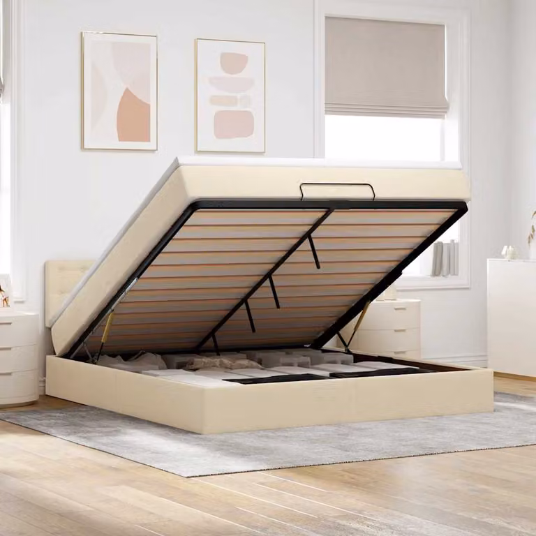vidaXL Struttura Letto con Contenitore e Materasso in Tessuto, Beige e Bianco, L: 160 cm, P: 200 cm