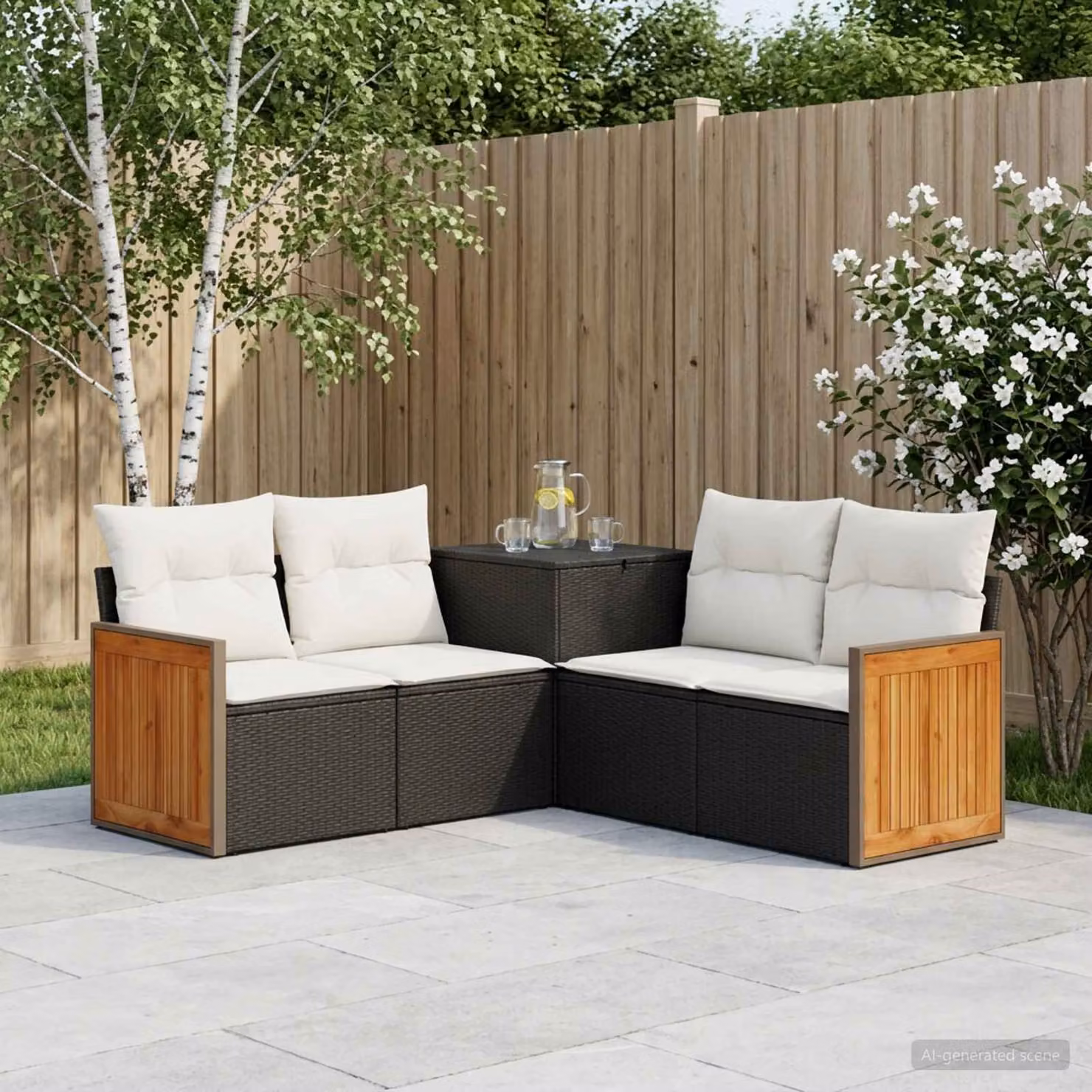 Set di divani da giardino vidaXL a forma di L con struttura in metallo nero e cuscini bianchi e crema