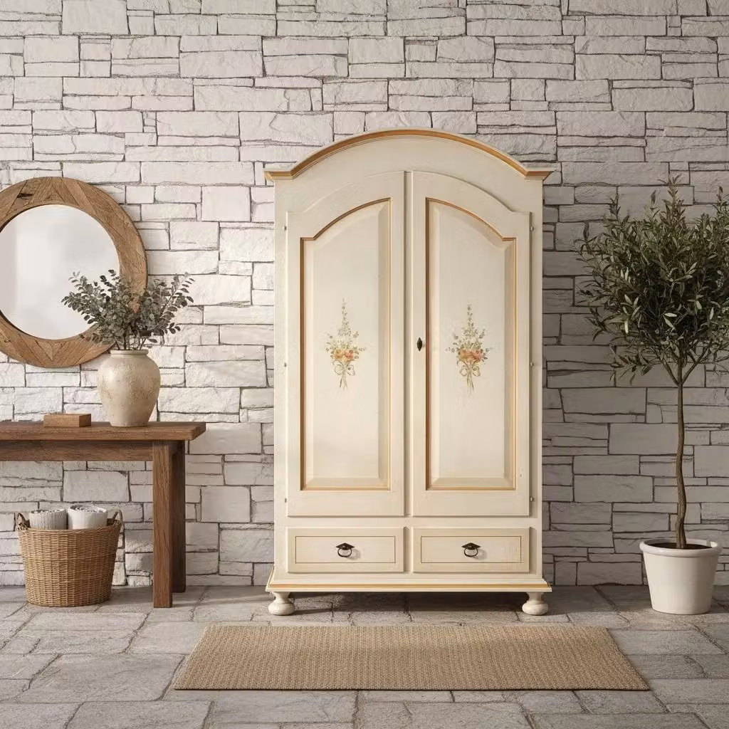 Armadio Arte Povera Mobili 2G in Legno Shabby Chic con 2 Ante, Bianco e Ocra, L: 125 cm, P: 61 cm, H: 200 cm – 2