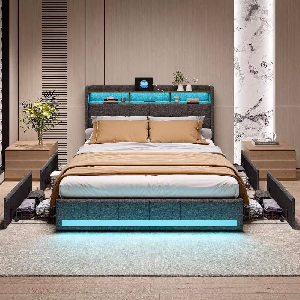 Letto matrimoniale imbottito - Letto contenitore - Letto con cassetti - Letto con illuminazione LED - Divano letto - Dimensioni: 160x200 cm - Illuminazione LED RGB