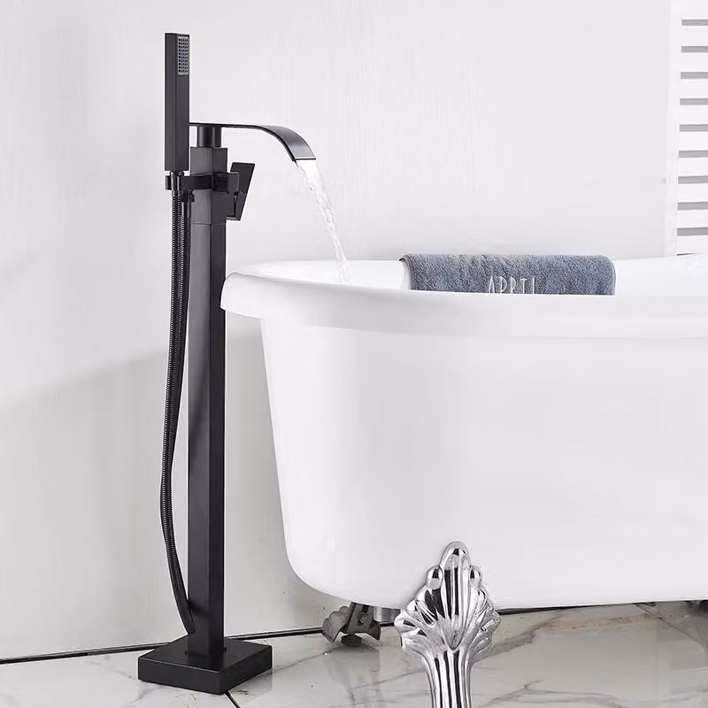 Rubinetto per vasca da bagno a colonna - Montaggio a pavimento con doccetta - Monocomando, caldo/freddo, cartuccia in Vetroceramica, acciaio inossidabile 304 - Nero opaco