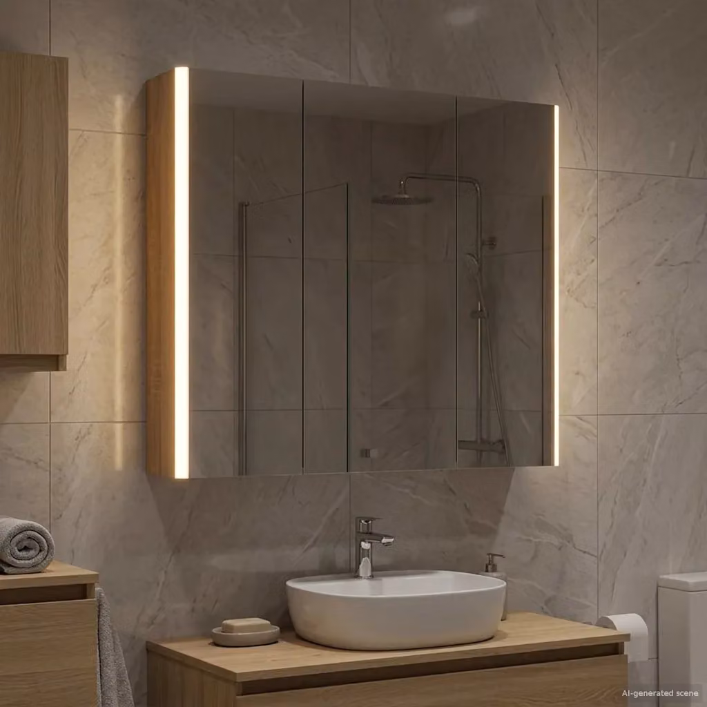 Mobiletto da bagno con specchio e illuminazione LED Design In, Rovere Sonoma, L: 73.5 cm, H: 70 cm, P: 15.5 cm – 2