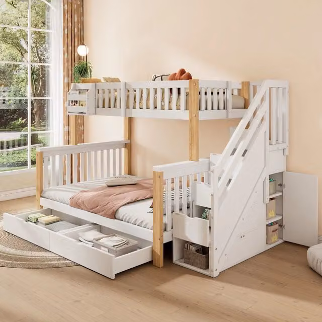 Letto a castello in legno massello 140x200 cm bianco e naturale per bambini, con scala contenitore, cassetti e ripiani, senza materasso