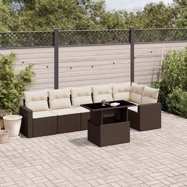 Set di divani da giardino vidaXL a forma di L composto da 7 pezzi con cuscini marroni e bianchi in polyrattan e metallo