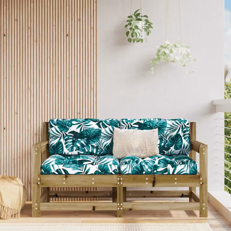 Set di 2 divani angolari da giardino vidaXL in legno di pino con cuscini floreali marroni e verdi