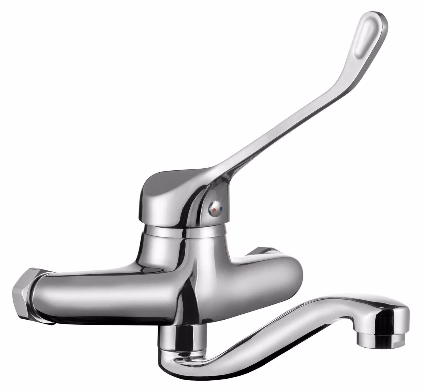 Rubinetto a parete con leva lunga, in ottone cromato, bocchetta bassa, cartuccia da 40 mm