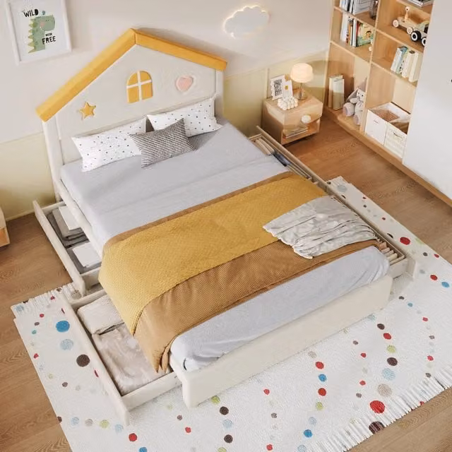 Letto per bambini imbottito 140 × 200 cm con 4 cassetti in velluto francese beige con testiera a forma di casa