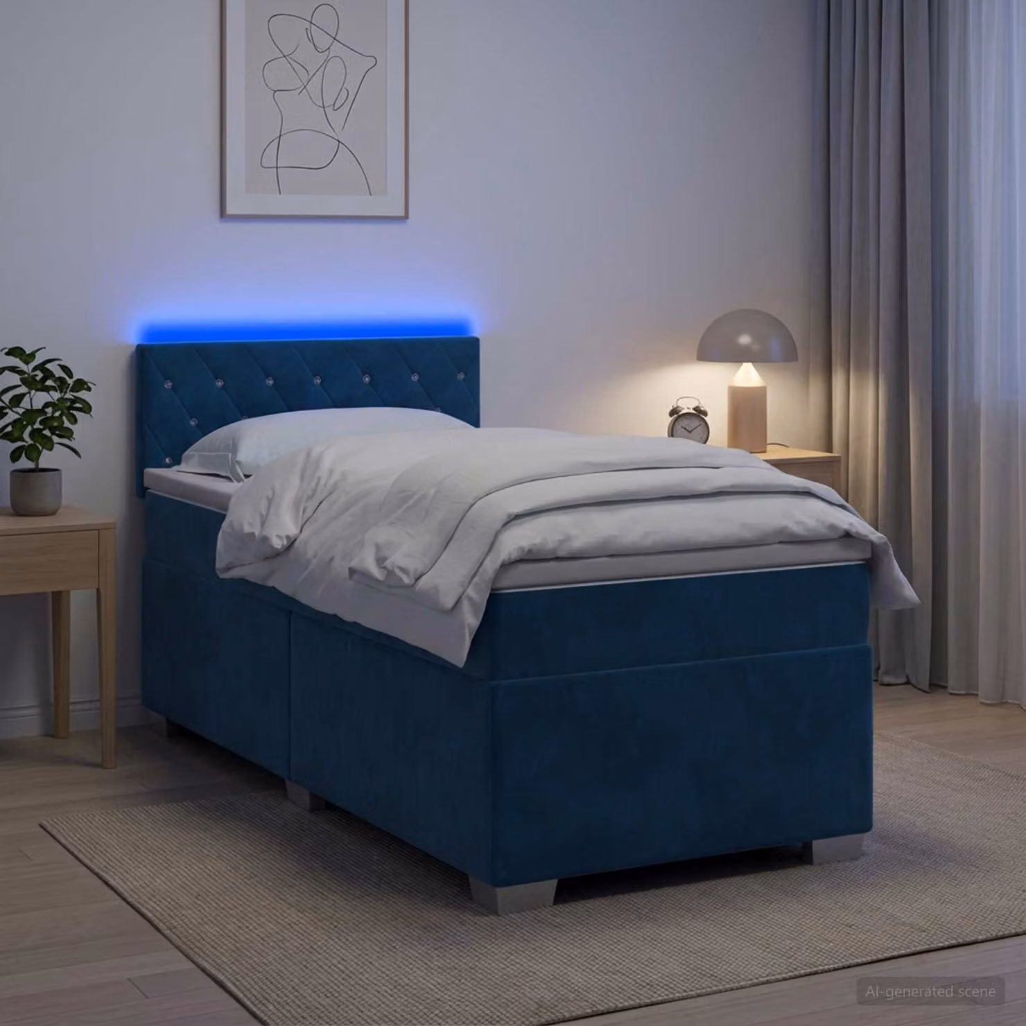 Letto con Box Spring vidaXL in Velluto Blu e Bianco con Materasso a Molle Pocket, Illuminazione LED Sotto il Letto e Porta USB, L/P: 80 x 200 cm