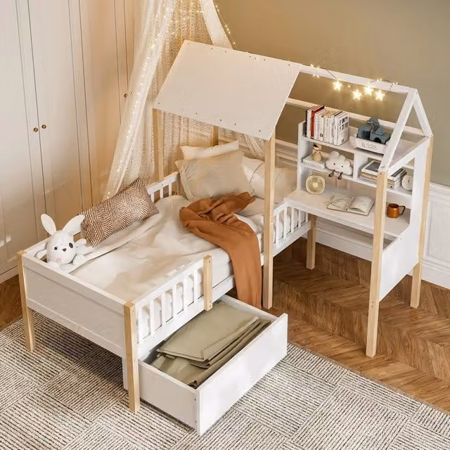 Letto Casetta Bambini con Scrivania e Libreria ¨C MINIMAL ¨C Massello Bianco 90x200