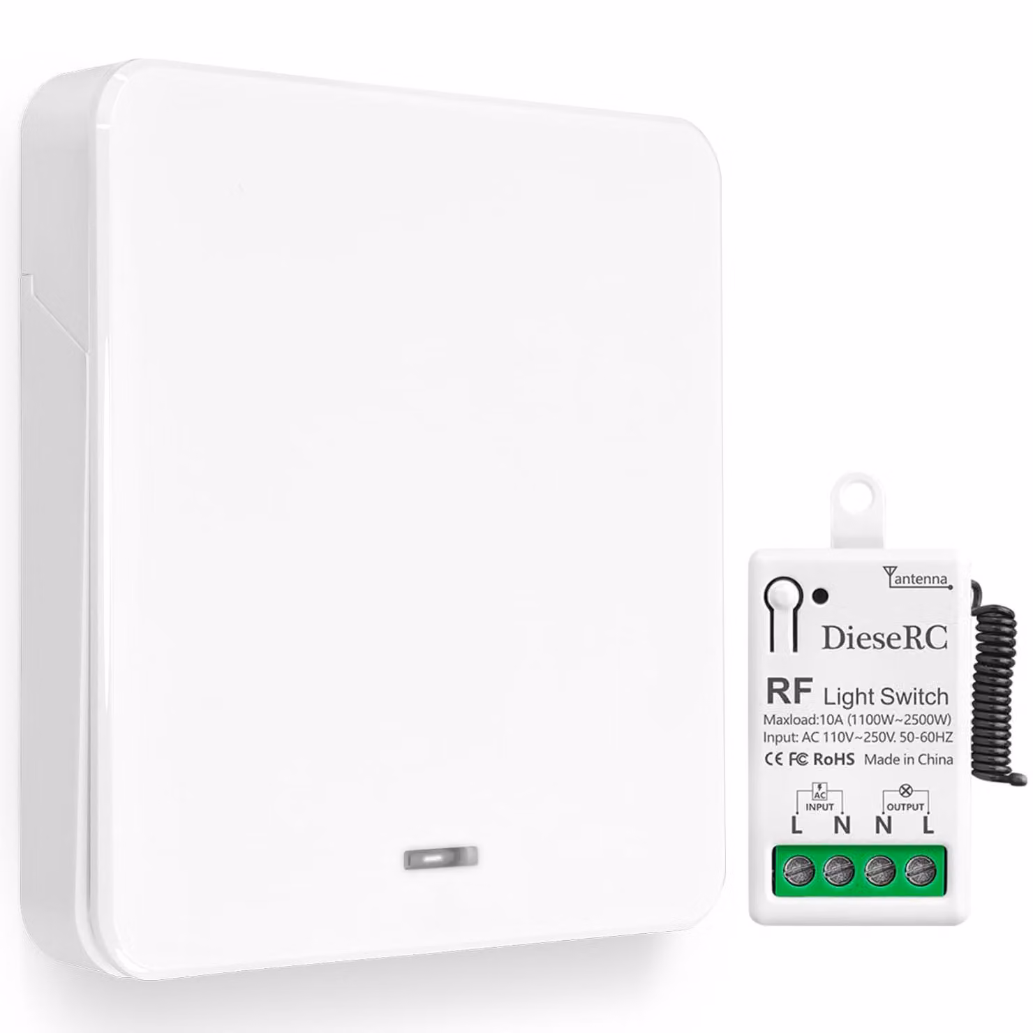 Interruttore luce wireless, pannello da parete da 86 mm, trasmettitore RF, ricevitore con relè da 10 A