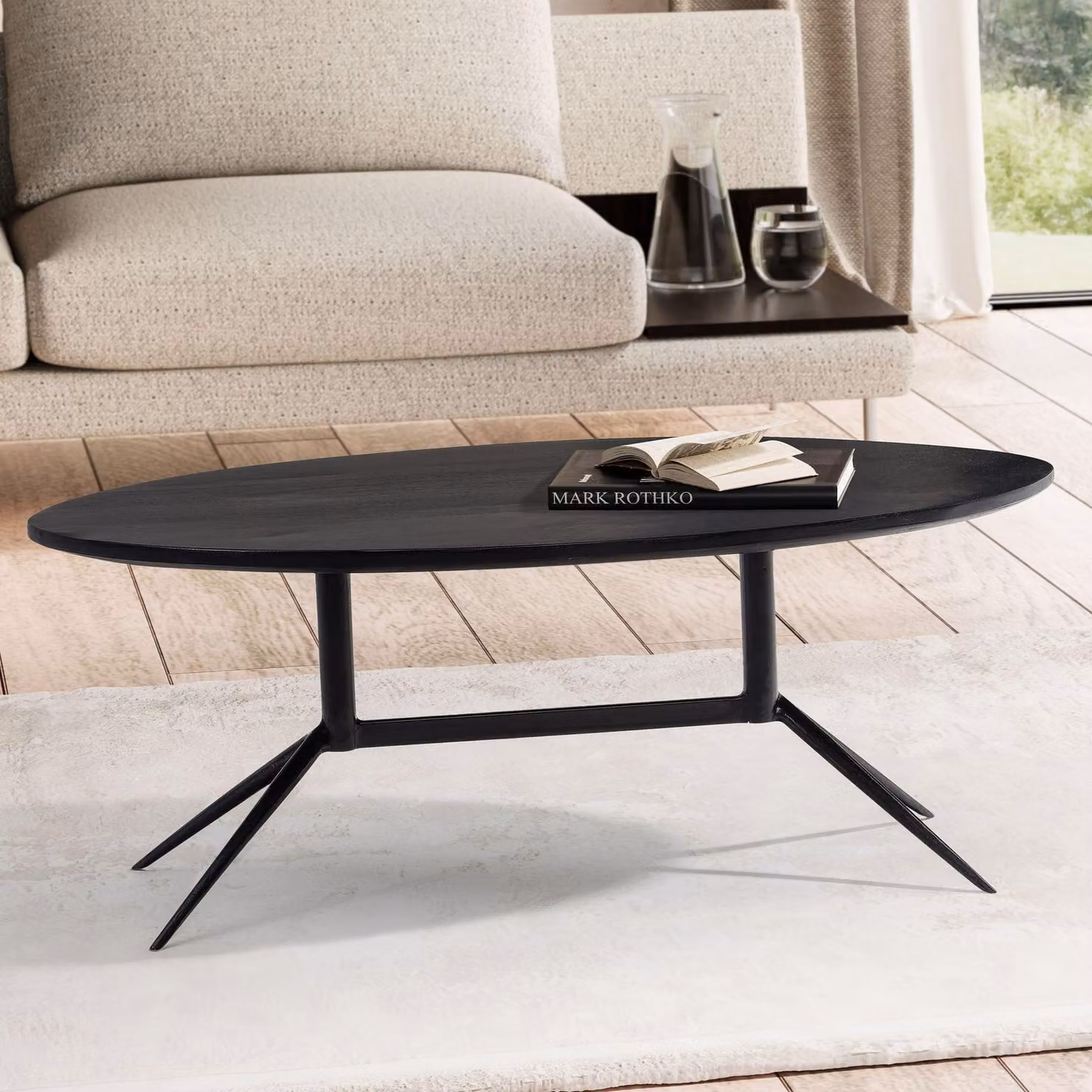 FineBuy tavolino 90x50x35 cm mango legno massiccio/metallo nero tavolo divano tavolo ovale soggiorno con venature legno naturale tavolino soggiorno