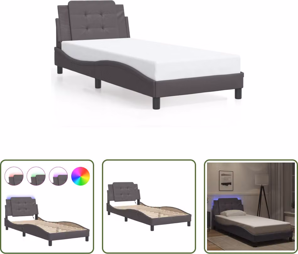 The Living Store Struttura letto con LED Grigio 100x200 cm in ecopelle