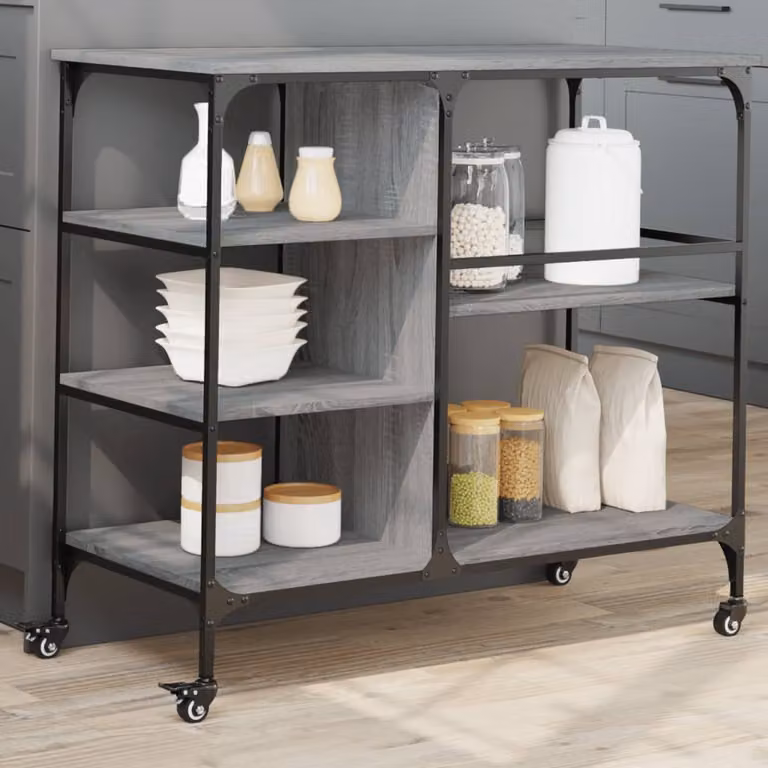 Carrello da cucina vidaXL in legno e metallo grigio, stile industriale con ruote, L 100 cm x P 45 cm x H 89,5 cm