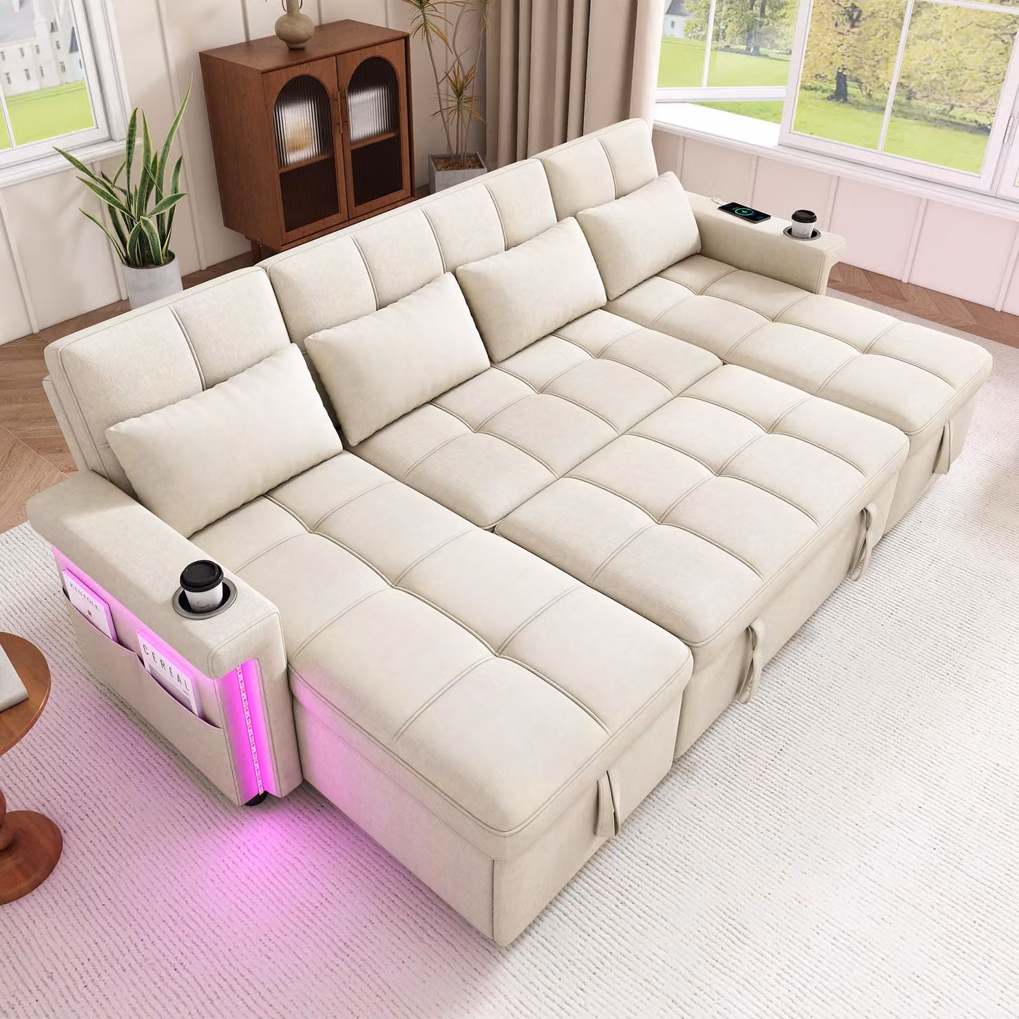 Divano angolare okwish con illuminazione LED e schienali regolabili, divano a forma di "U" con due chaise-longue contenitore, divano letto con porta USB/Type-C, color beige