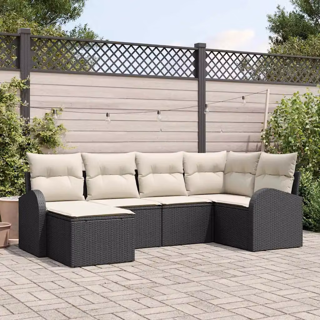 Set Divano da Giardino a L vidaXL in Polyrattan Nero con Cuscini e Ottoman per 6 Persone – 1