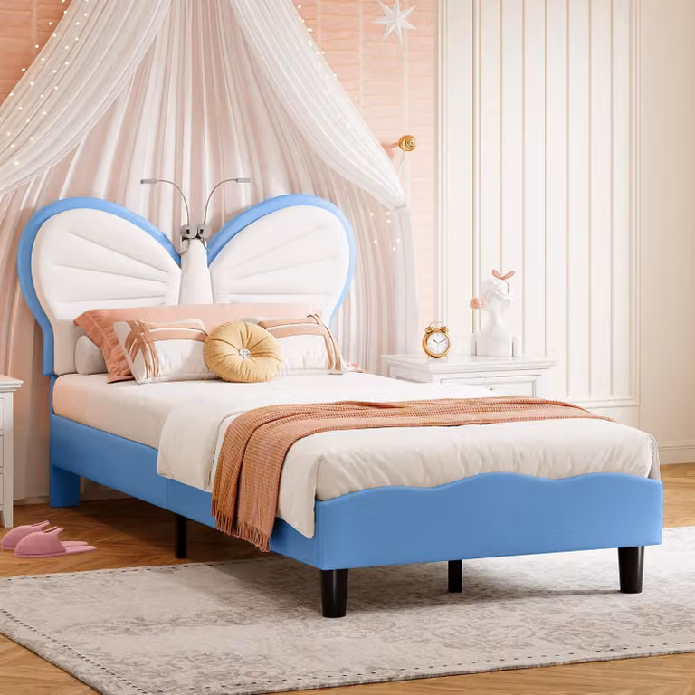 Letto singolo INONEFT modello "Principessa" con lampada da lettura, dimensioni 90x200 cm, con testiera regolabile a forma di farfalla, ideale per ragazzi, letto imbottito
