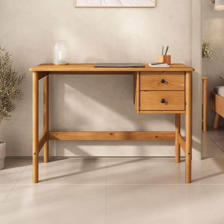 Scrivania MARLO con 2 cassetti in legno massiccio, colore rovere - scrivania in legno con spazio di archiviazione, design minimalista, piano del tavolo con bordi ammorbiditi, legno di pino massiccio
