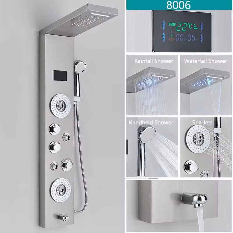 Pannello doccia Regendusche 8006 - Pannello doccia con getto a cascata e scarico per vasca - Illuminazione LED - Getto massaggio - Display digitale della temperatura - Acciaio inossidabile 304 - Finitura in nichel spazzolato