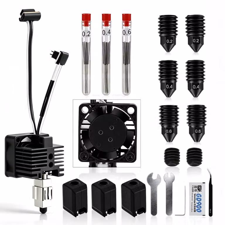 Kit completo per hotend, composto da 40 elementi, compatibile con le stampanti 3D della serie P1. Include 3 ugelli in acciaio temprato da 0,2/0,4/0,6 mm e un hotend completamente assemblato con sistema di fissaggio rapido