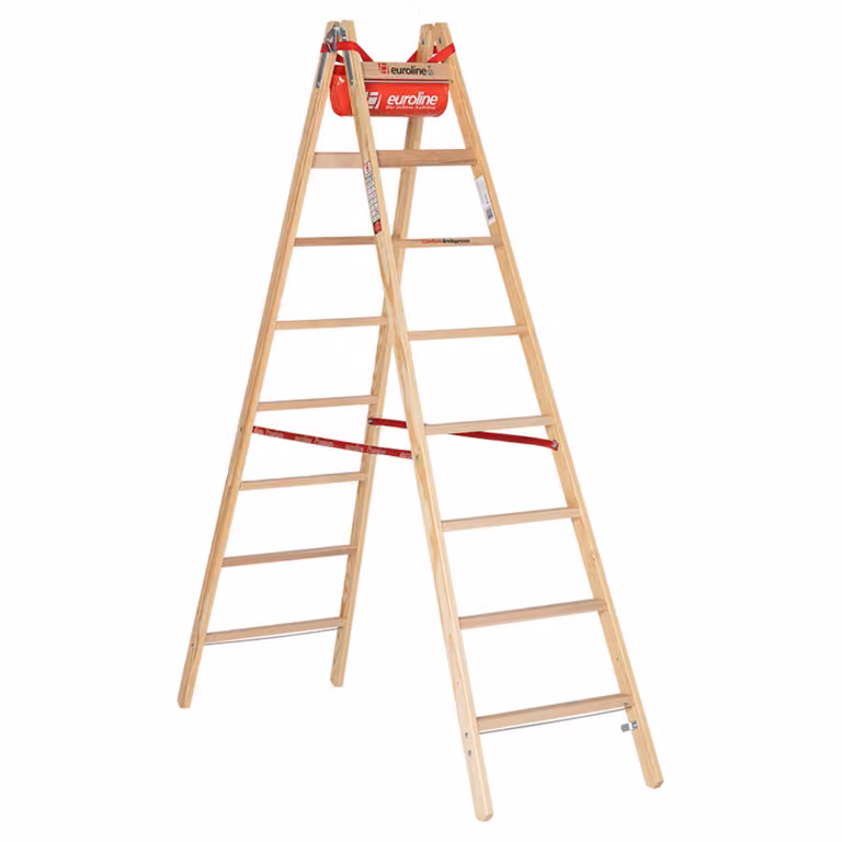 Scala a pioli in legno Euroline con pioli larghi Comfort, gancio per secchi e tasca porta attrezzi, 2x8 pioli