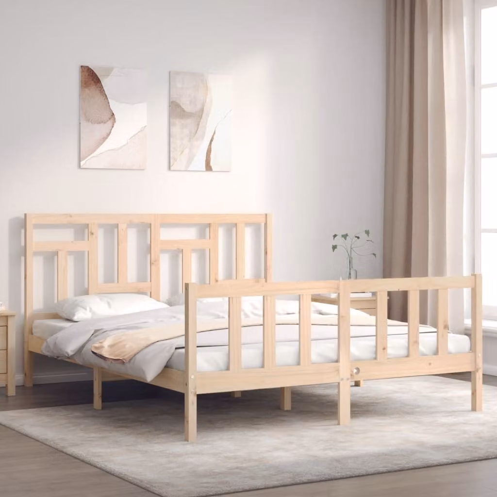 The Living Store Letto in legno massiccio con testiera 160x200 cm