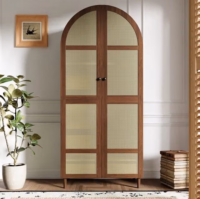Armadio moderno con ante curve in rattan, 80x50x179 cm, contenitore con appendiabiti e cassetti, colore noce