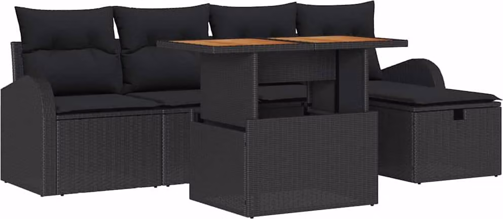 Set Divano da Giardino con cuscino 6 pcs Nero polyrattan