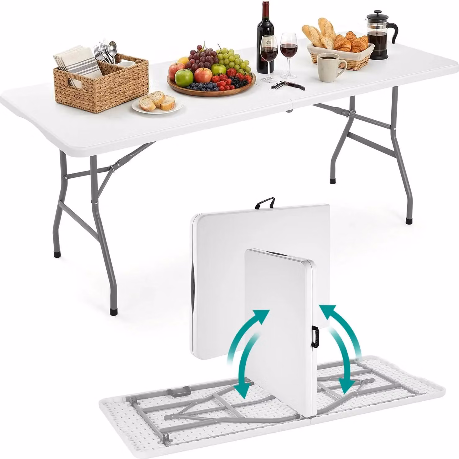 Tavolo pieghevole per buffet e campeggio - Tavolo da giardino per esterni e feste - 180 x 75 x 74 cm - Piano in HDPE, struttura in metallo, resistente agli agenti atmosferici, capacità di carico: 150 kg - Bianco