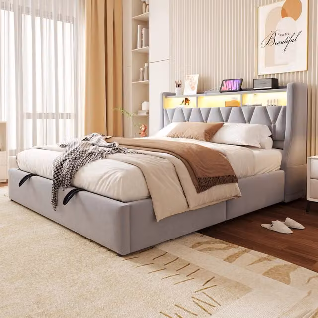 Letto imbottito 180x200 cm con contenitore; LED e prese in velluto grigio chiaro