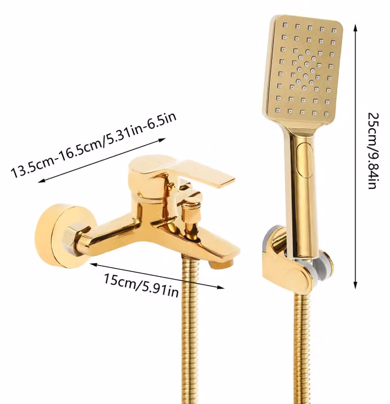 Miscelatore per doccia e vasca da bagno - 2 in 1: erogatore per vasca e doccetta - Ottone - 3 tipi di getto - Miscelatore a due manopole per acqua calda/fredda - Distanza tra i fori regolabile da 13,5 a 16,5 cm - Oro