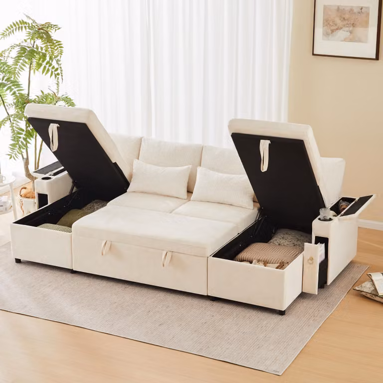 Divano angolare Merax, divano letto a U a 4 posti, divano trasformabile con base letto, funzione letto, cuscini, set divano, divano in ciniglia, beige