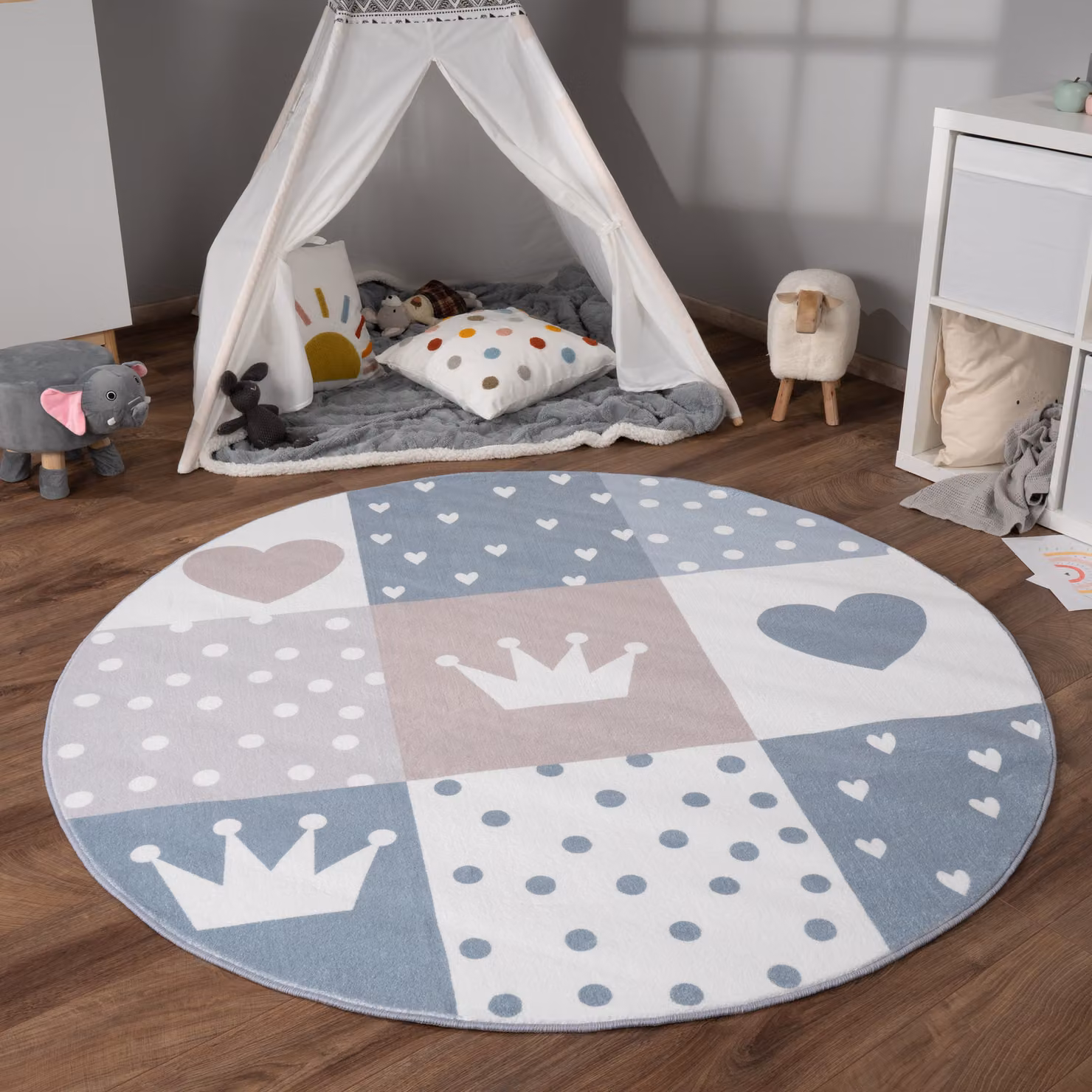Tappeto rotondo per bambini Eliza beige con motivo a pois, antiscivolo e facile da pulire, Diametro: 160 cm – 2