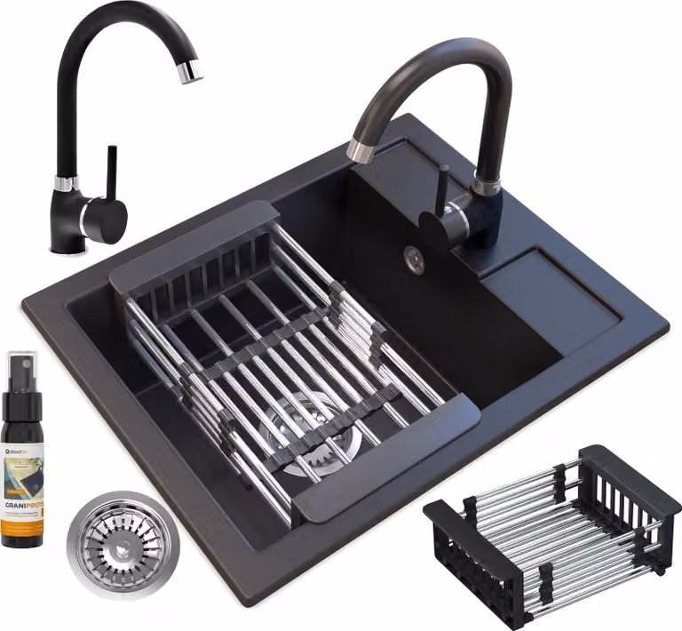 Granitan - Lavello in granito - Lavello da cucina - Lavello 50x40 cm - Nero - con rubinetteria - con mobile sottolavello - BEST