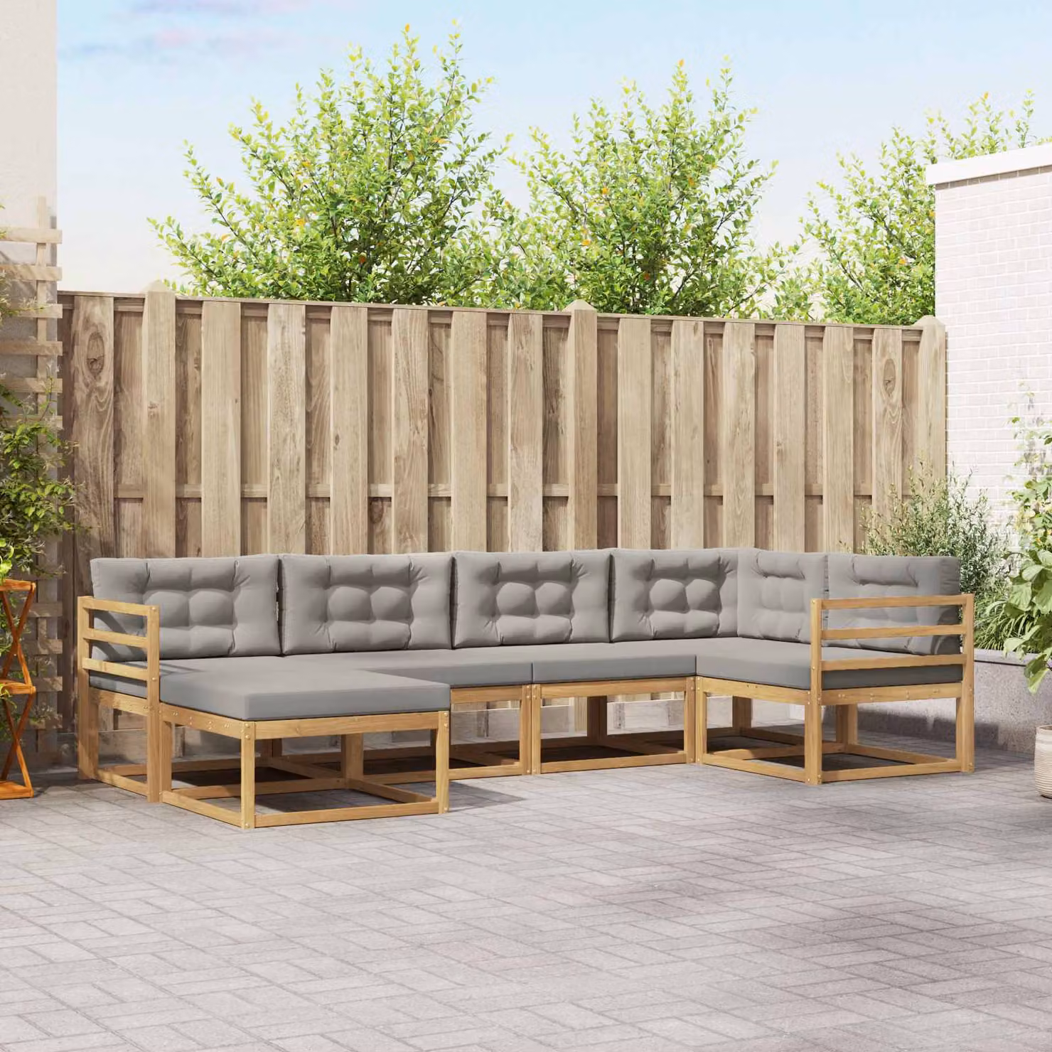 vidaXL Set di divani da esterno a L in legno di acacia con pouf, Bianco, Grigio e Marrone